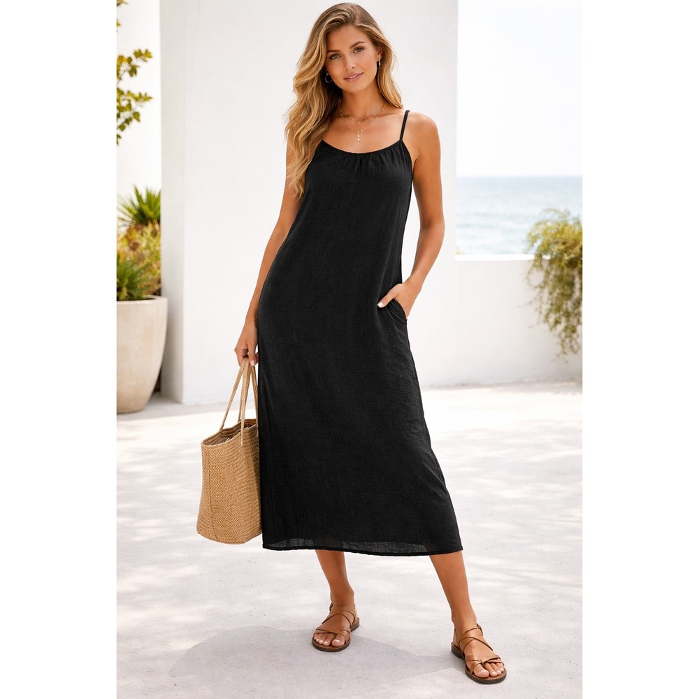 Black Gauze Midi Slip Dress Sol Angeles Tie‎ Back M/L Coastal Boho Beach Indie
